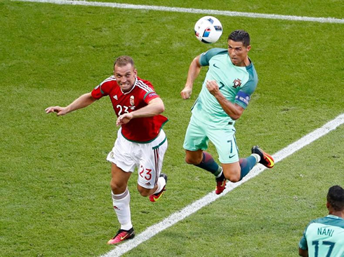 Cristiano Ronaldo rising high in the air to score in Hungary vs Portugal, for the EURO 2016