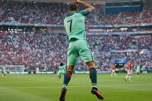 Cristiano Ronaldo trademark gesture after scoring a goal in the EURO 2016