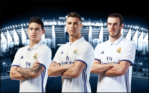 James Rodríguez, Cristiano Ronaldo and Gareth Bale with Real Madrid 2016-17 jerseys
