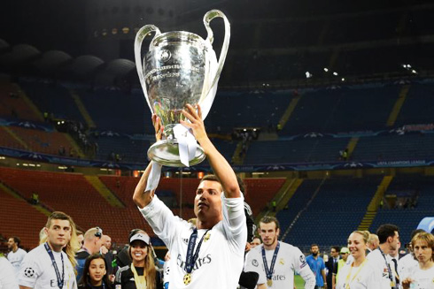 Cristiano Ronaldo lifting the UEFA Champions League in 2016