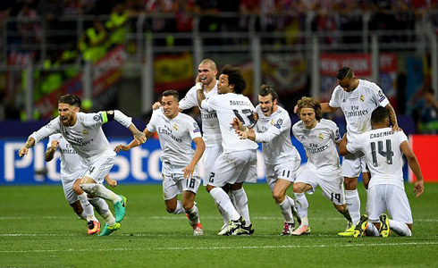 Real Madrid players celebrate victory in penalty shootout in the Champions League final