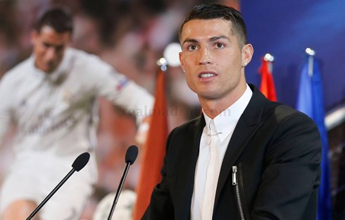 Cristiano Ronaldo speaking to the press during his 2021 contract announcement