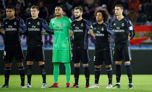 Real Madrid players lined up in a FIFA Club World Cup game