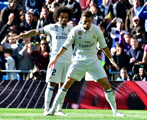 Cristiano Ronaldo and Marcelo celebrate another goal for Real Madrid