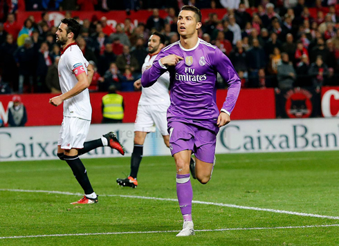 Cristiano Ronaldo scores and celebrates his goal against Sevilla