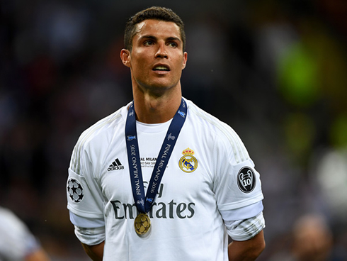Cristiano Ronaldo wearing a Champions League medal