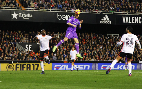 Cristiano Ronaldo rises high in the air to score at the Mestalla