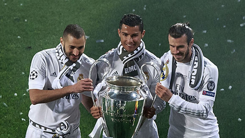 Benzema, Ronaldo and Bale with Champions League trophy