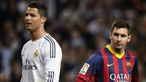 Cristiano Ronaldo standing next to Lionel Messi in El Clasico