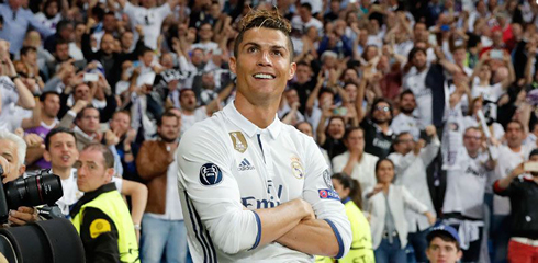 Cristiano Ronaldo poses for the TV cameras after scoring in a Champions League game vs Atletico in 2017