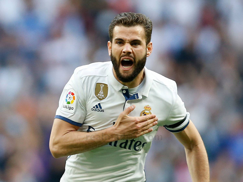 Nacho scores for Real Madrid and taps his heart