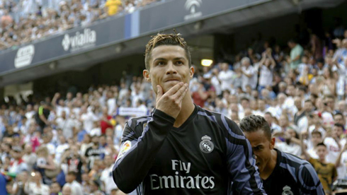 Cristiano Ronaldo holds his chin after scoring for Real Madrid in 2017