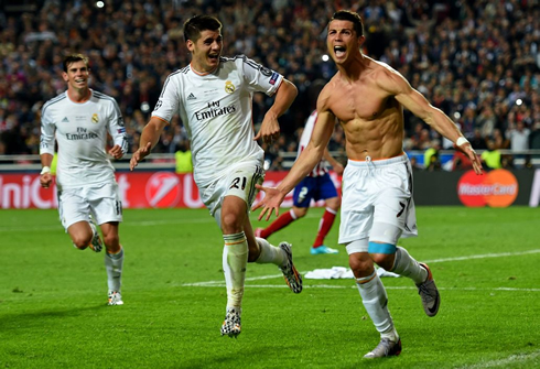 Cristiano Ronaldo takes his shirt off after scoring in the 2014 Champions League final