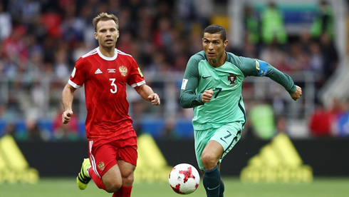 Cristiano Ronaldo sprinting in Russia vs Portugal in the FIFA Confederations Cup in 2017
