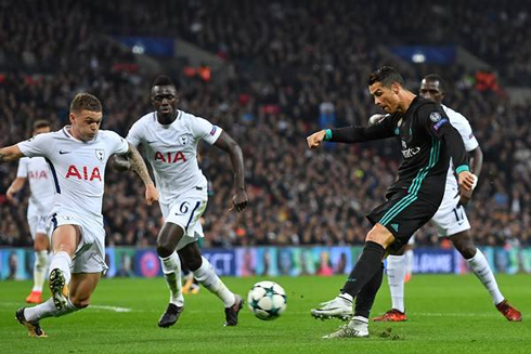 Cristiano Ronaldo strikes with his left foot in Tottenham vs Real Madrid in the UCL in 2017