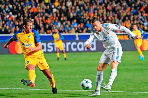 Cristiano Ronaldo scoring in the Champions League against APOEL