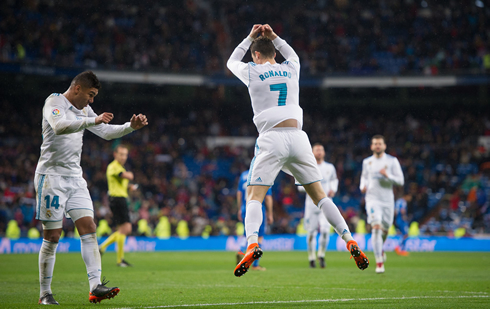 Cristiano Ronaldo jumps to celebrate his goal for Real Madrid