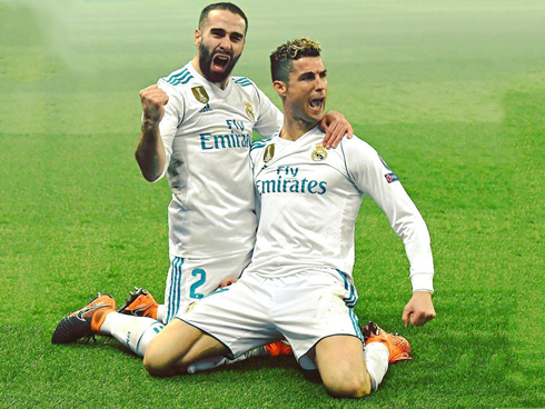 Carvajal and Ronaldo celebrating Real Madrid goal at the Parc des Princes in 2018