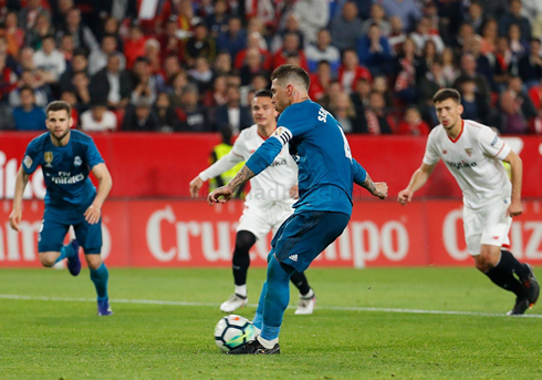Sergio Ramos taking a penalty kick vs Sevilla in 2018