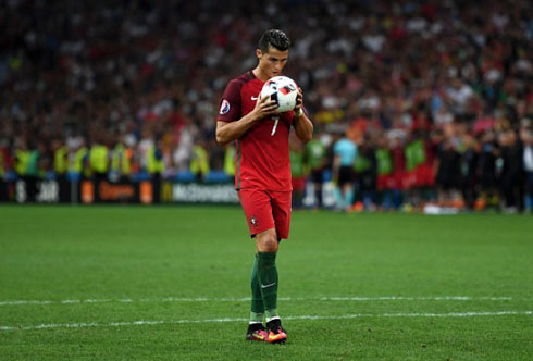 Ronaldo kissing the football before taking a penalty kick