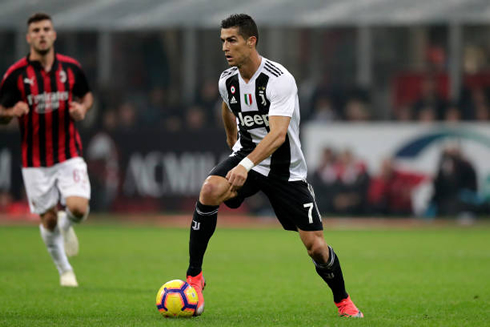 Cristiano Ronaldo in action in AC Milan vs Juventus for the Serie A in 2018