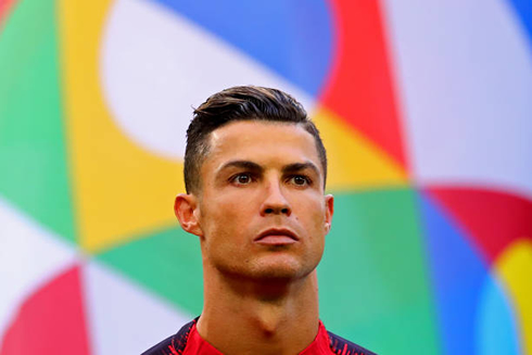 Cristiano Ronaldo photo with the UEFA Nations League banner flag on the background