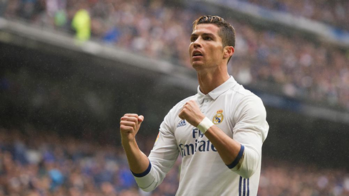 Cristiano Ronaldo celebrating a goal for Real Madrid at the Santiago Bernabéu