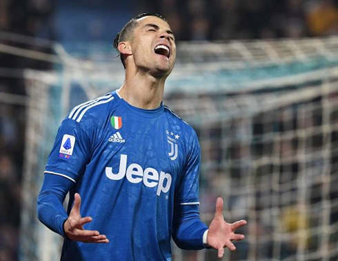 Cristiano Ronaldo screaming in a Juventus blue shirt