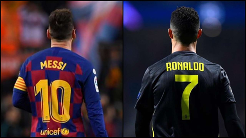 Messi and Barcelona back of the shirt and Ronaldo with Juventus back of the shirt