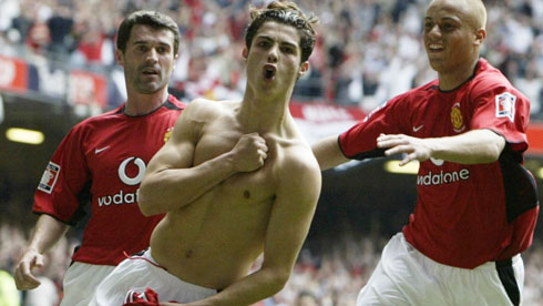 Cristiano Ronaldo celebrates cup final goal for Man United next to Roy Keane and Wes Brown