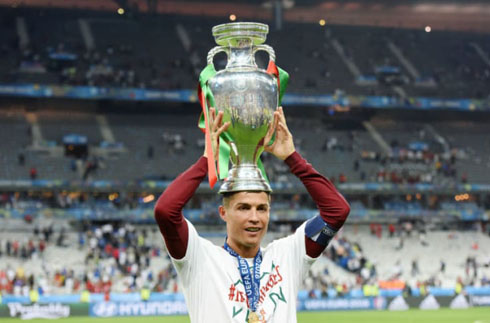 Cristiano Ronaldo holding the European Championship trophy on the top of his head