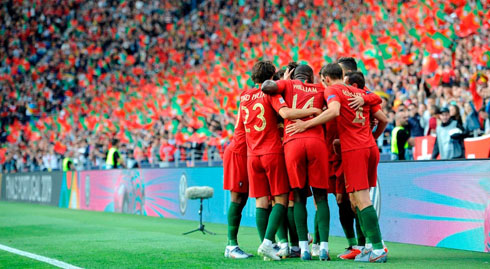 Portugal players show cohesion after a goal