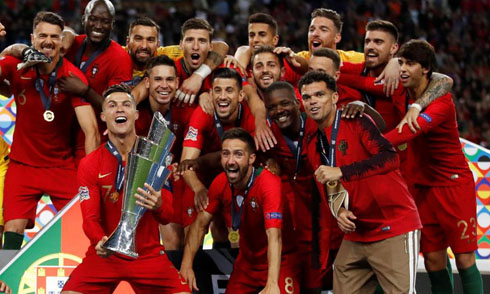 Cristiano Ronaldo lifting the UEFA Nations League trophy