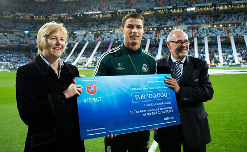 Cristiano Ronaldo passing a check to the Red Cross