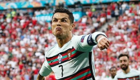 Cristiano Ronaldo scoring at the EURO 2020