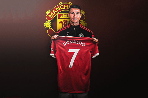 Cristiano Ronaldo holding his new Manchester United shirt number 7