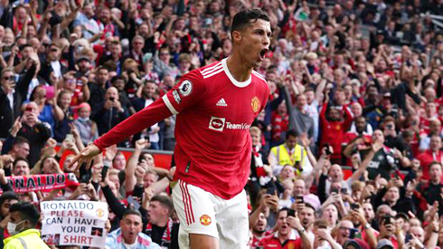 Cristiano Ronaldo scoring and celebrating at Old Trafford