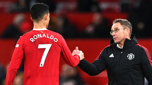Ralf Rangnick and Cristiano Ronaldo in his first game for United