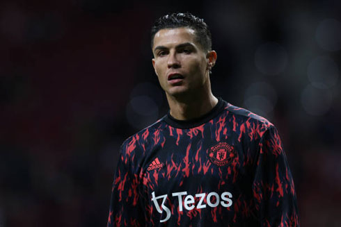 Cristiano Ronaldo wearing a warm up uniform for United