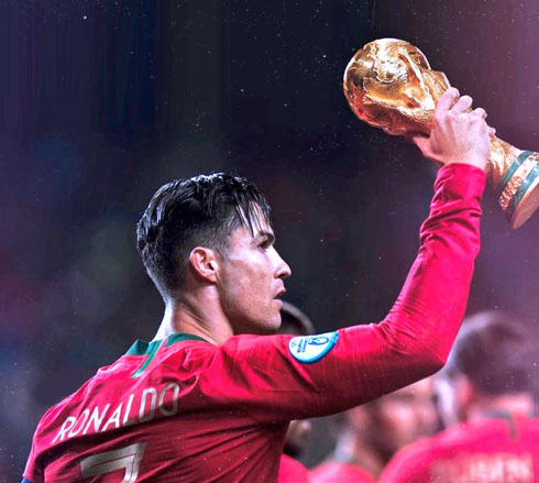 Cristiano Ronaldo holding a World Cup trophy