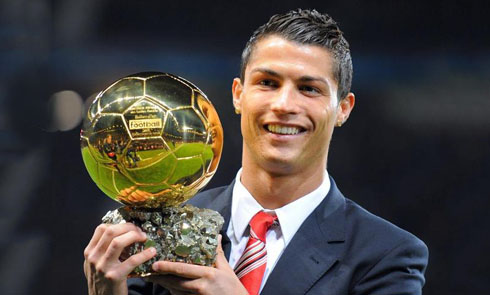 Cristiano Ronaldo holding his first Ballon d'Or