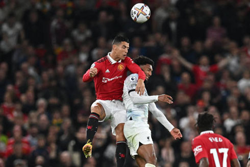 Cristiano Ronaldo jumping and heading the ball in the air