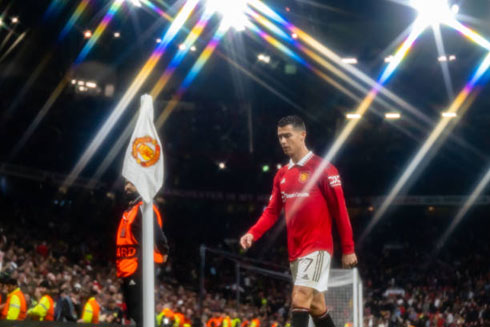 Cristiano Ronaldo walking next to the corner flag