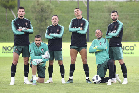 Cristiano Ronaldo and his Portuguese teammates in training