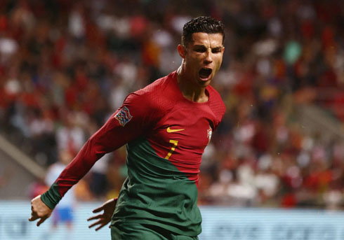 Cristiano Ronaldo celebrates Portugal goal wearing the new jersey
