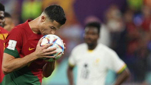 Cristiano Ronaldo concentration before taking a penalty kick at the 2022 World Cup