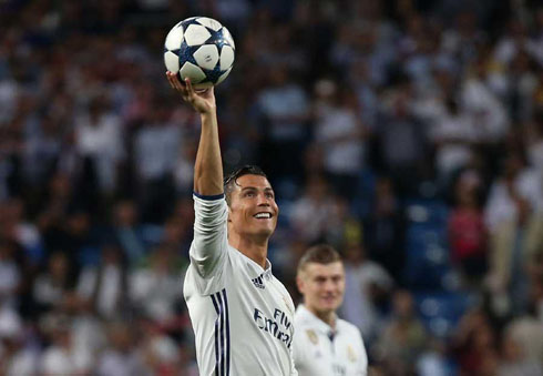 Cristiano Ronaldo holding hat-trick ball for Real Madrid