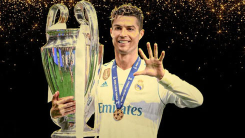 Cristiano Ronaldo winning a Champions League trophy with Real Madrid