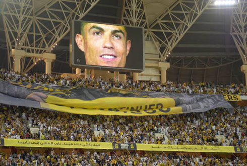 Cristiano Ronaldo photo and picture in a TV screen at the Al Nassr stadium