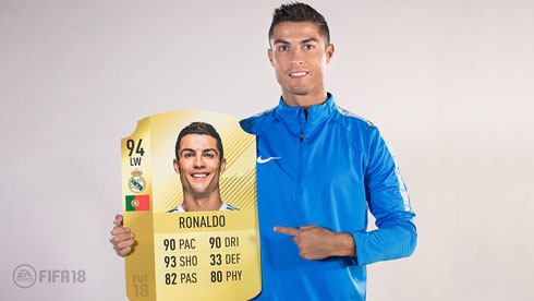 Cristiano Ronaldo holding his player card with stats in FIFA video game